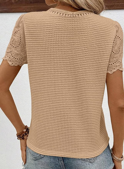 SHEWIN Womens Frenchy Summer Tops Crewneck Short Sleeve T Shirts Casual Waffle Knit Jacquard Blouses Top Shirts