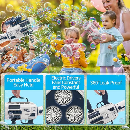 Bubble Guns Automatic with Build-in Bubble Solution (4.4 oz), 3 Fans Drive 6X Lens Bubble Blower Machine, Cool Favors for Summer Ourtdoor Party Birthday Wedding Toy