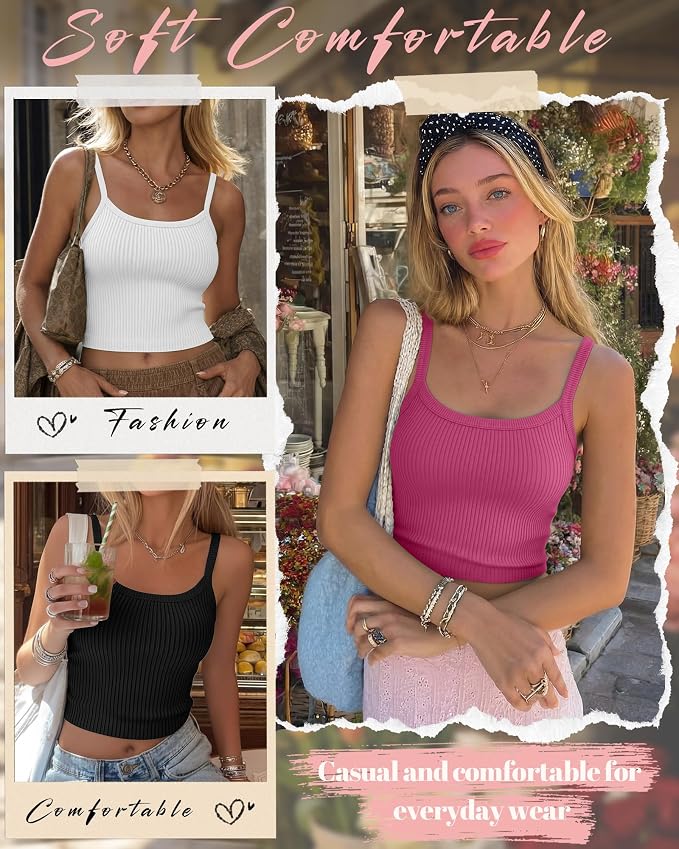 Ficerd 3 Pack Women's Tank Tops 95% Cotton Spaghetti Strap Ribbed Crop Camisole Slim Fitted Basic Summer Sleeveless Layer