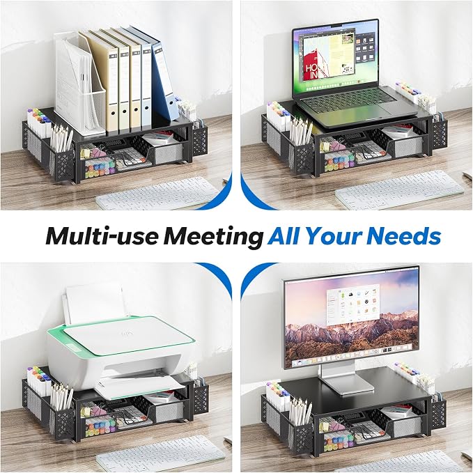Simple Trending Metal Monitor Stand Riser, Drawer & 2 Pen Holders, Black | 2-in-1 Desk Organizer & Monitor Stand | Sturdy Metal | Ergonomic Support | Space Saving | Easy Setup
