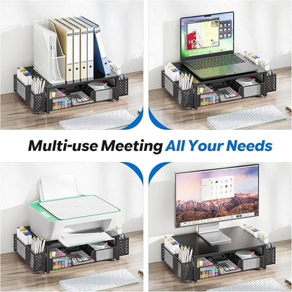 Simple Trending Metal Monitor Stand Riser, Drawer & 2 Pen Holders, Black | 2-in-1 Desk Organizer & Monitor Stand | Sturdy Metal | Ergonomic Support | Space Saving | Easy Setup