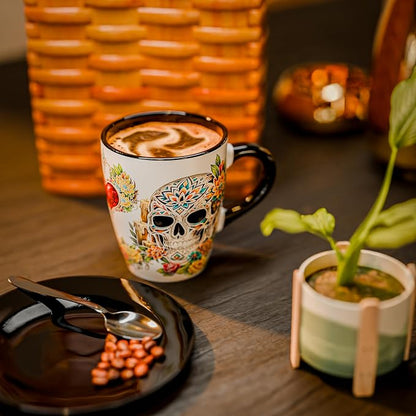 Color Changing Sugar Skull Coffee Mug 12oz – Heat Sensitive Ceramic Cup with Day of the Dead Skull & Floral Design, Gothic Halloween Theme Mug, Unique Christmas Holiday Birthday Gift for Men & Women