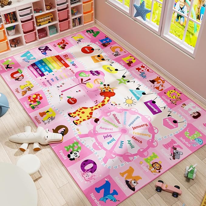 Kids Rug 5x7 Pink Rugs for Girls Bedroom Playroom Child Play Mat Educational and Fun Baby Care Rugs,Learning Rug with ABC Alphabets Animals Shapes No-Slip Carpets for Children Toddler Washable