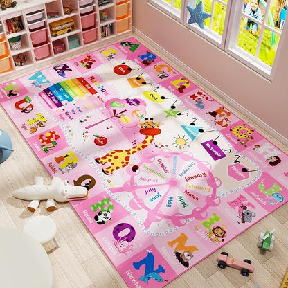 Kids Rug 5x7 Pink Rugs for Girls Bedroom Playroom Child Play Mat Educational and Fun Baby Care Rugs,Learning Rug with ABC Alphabets Animals Shapes No-Slip Carpets for Children Toddler Washable
