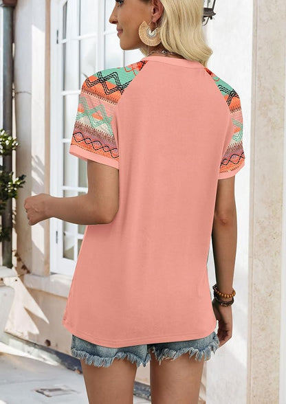 WIHOLL Womens Summer Tops Color Block Short Sleeve Raglan Shirts Spring Fashion Clothes Vacation Outfits