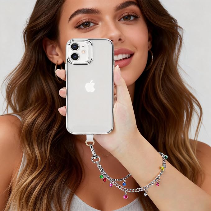 Phone Charm Wrist Strap Silver Metal Chain Detachable Lanyard Hand Wristlet Fashion Shine Finger Grip Anti-drop with 2 Tether Tab for Women Girls Universal for iPhone 16 Pro Max Colorful Gem