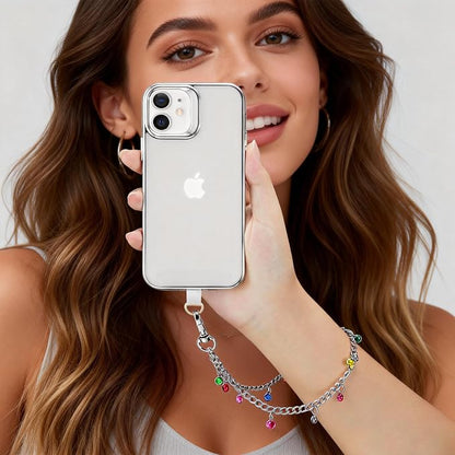 Phone Charm Wrist Strap Silver Metal Chain Detachable Lanyard Hand Wristlet Fashion Shine Finger Grip Anti-drop with 2 Tether Tab for Women Girls Universal for iPhone 16 Pro Max Colorful Gem