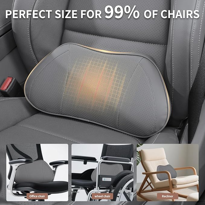 Lumbar Support Pillow for Car, Premium Leather Memory Foam Lumbar Cushion for Lower Back Pain Relief, Universal Back Support for Driving, Home & Office Chairs, Gray, 1 Pack