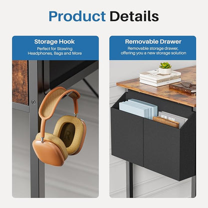 OLIXIS 32 Inch Small Desk, Computer Desk, Fabric Drawers | Side Bag, Headphone Hook, Work Table for Home Office Bedroom, Gaming, Brown