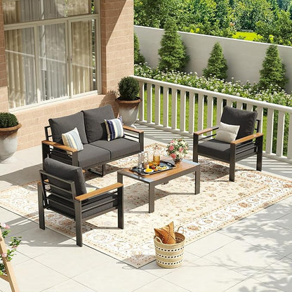 Aoxun Aluminum Patio Furniture Set 4 Seats, Oversized Outdoor Sectional with Washable Cushions, Coffee Table and Waterproof Cover, Patio Conversation Sets for Porch, Balcony, Deck