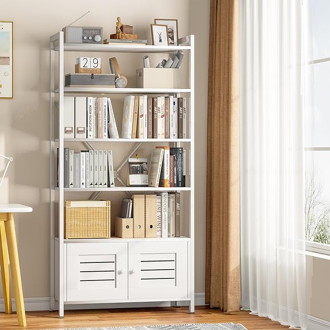 Storage Cabinet with 4 Open Shelves,1 Cupboard,White Bathroom Display Standing Shelf, White Wooden and Metal Frame Shelf for Living Room, Bathroom Bedroom, Home Office Organizer