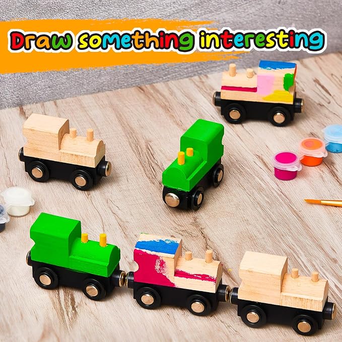 Halloscume 12 Pcs Unfinished DIY Wooden Trains Magnetic Unpainted Wooden Train Cars Toys for Railway Paint Project, Birthday Party Decorations Back to School Crafts Gifts Supplies (Classic)