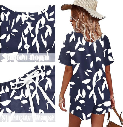 WIHOLL Two Piece Outfits for Women Lounge Sets Button Down Top and Shorts Set Sweatsuits with Pockets