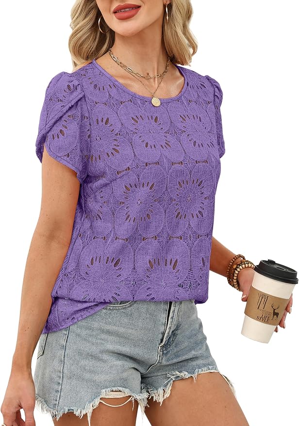 OFEEFAN Blouses for Women Dressy Casual Petal Short Sleeve Shirts Crochet Lace Boho Tops Spring Fashion Summer Outfits