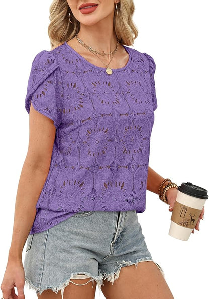 OFEEFAN Blouses for Women Dressy Casual Petal Short Sleeve Shirts Crochet Lace Boho Tops Spring Fashion Summer Outfits