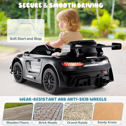 Costzon Ride on Car, 12V Licensed Mercedes-AMG GT3 Kids Car with Remote Control, 3 Speeds, LED Lights, Music, Wireless, Transport Wheels & Soft Start, Electric Vehicle for Toddlers Aged 3+ (Black)