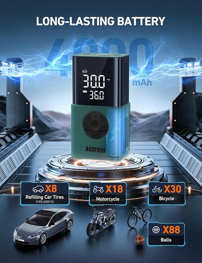 AstroAI L7S Tire Inflator Portable Air Compressor Cordless with Digital Pressure Gauge, 150 PSI LED Light Bike Air Pump with Fast Inflation & Auto Shut-Off for Car Tires,Motorcycles,Bikes,Balls,Green