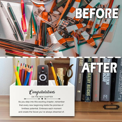 Congratulations Gift Pen Pencil Holder Organizer for Desk, Graduation Gifts, New Job Gifts, Congratulations on the New Chapter Wooden Box Sign for Home Office Desk Tabletop Decorations