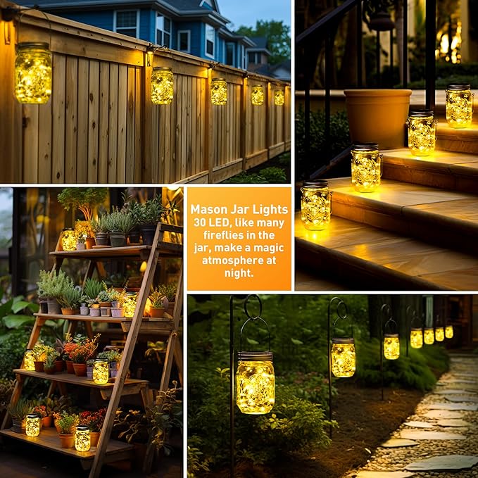 GIGALUMI Solar Mason Jar Lights, 8 Pack 30 Led String Fairy Lights Garden Lights Outdoor Waterproof Metal Lid Hanging Solar Lanterns for Outdoor, Garden, Patio, Lawn, Balcony Decoration