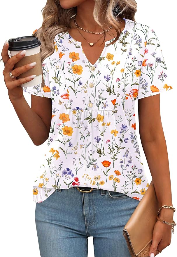 Zeagoo Womens Short Sleeve Tops Summer Henley V-Neck Tshirts Casual Pleated Blouse Dressy Loose Floral Basic Tee