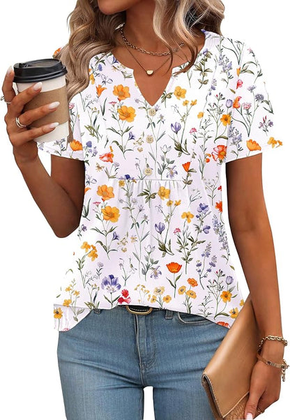 Zeagoo Womens Short Sleeve Tops Summer Henley V-Neck Tshirts Casual Pleated Blouse Dressy Loose Floral Basic Tee