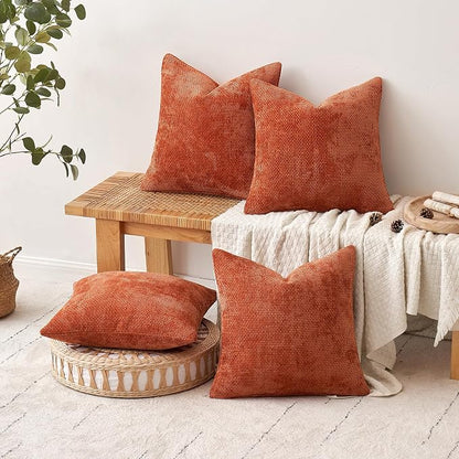 MIULEE Pack of 4 Couch Throw Pillow Covers 20x20 Inch Burnt Orange Soft Decorative Chenille Pillow Covers Farmhouse Accent Cushion Covers for Boho Fall Home Decor Sofa Bedroom Living Room