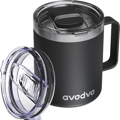 12oz Insulated Coffee Mug with Lid – Includes Two Lids, Stainless Steel Coffee Travel Mug with Handle, Double Wall Vacuum Insulated Camping Mug for Home, Office & Outdoor, Black