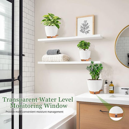 Self Watering Pots for Inoor Ourdoor Plants 8/7/6.5/6/5 Inch Plastic Planters with Drainage Holes & Water Level Indicator, Decorative House Flower Nursery Planting Pots with Saucers (White)