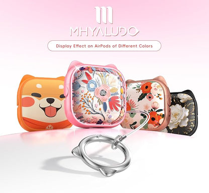 for AirPods 4 Case with Cleaning Kit, Cute Cat Ear Print Design & Cute Buckle, Inverted Phone Holder Design, Top Safe Lock Buckle Design, for Girls AirPods 4 case 2024,Clear Flowers