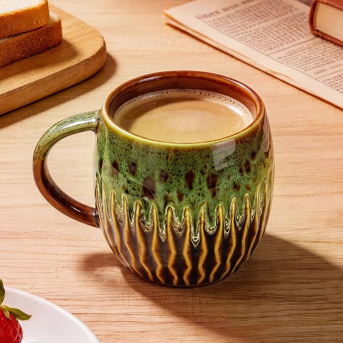 20oz Large Ceramic Coffee Mugs Unique Big Pottery Coffee Mug Microwave Safe Cool Stoneware Cups for Tea Latte Oversized Mug With Handle for Home Green Wide Clay Mugs for Men Fancy Handmade Ceramic Cup