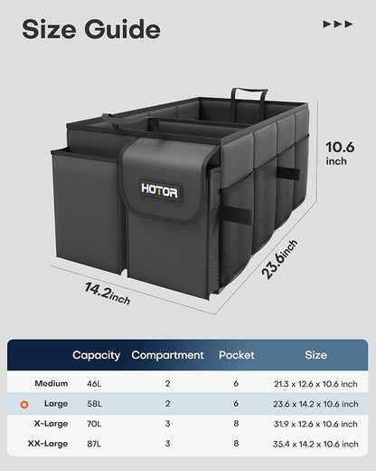 HOTOR Foldable Trunk Organizer - SUVs & Sedans, Sturdy Car Organization With 2 Compartments, Black, 23.6"×14.2"×10.6"