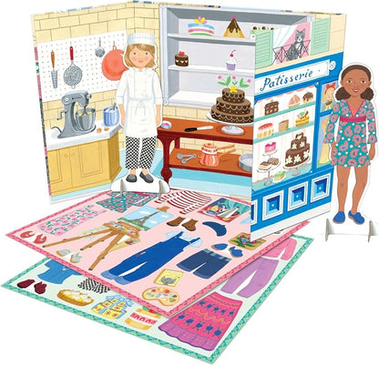 eeBoo Baker and Painter Paper Dolls Set - Reusable Dress-Up Play with Stand-Up Scene, Travel-Friendly Screen-Free Fun for Kids Ages 5 and up