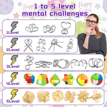 48 Pcs Prefilled Easter Eggs with Mini Brain Teaser Puzzles Metal Buckle Metal Puzzles Plastic 3D Puzzle Game forEgg Hunts Party Favors Easter Basket Stuffers