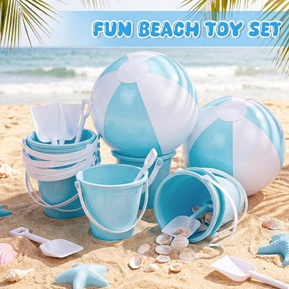 Lunmon 72 Pcs Beach Toys for Kids 24 Set Sand Buckets Shovels Bulk Pastel Beach Balls Inflatable Sand Toys for Girls Boys Toddlers Games Birthday Summer Pool Party Favor (Blue White, Castle)