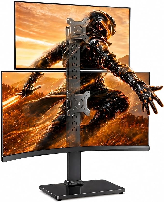 Perlegear Dual Vertical Monitor Stand for 13–40 inch Screens up to 44 lbs | Heavy-duty steel, swivel, tool-free tilt, 360° rotation, 13 height settings, cable management, max VESA 100x100mm, office use