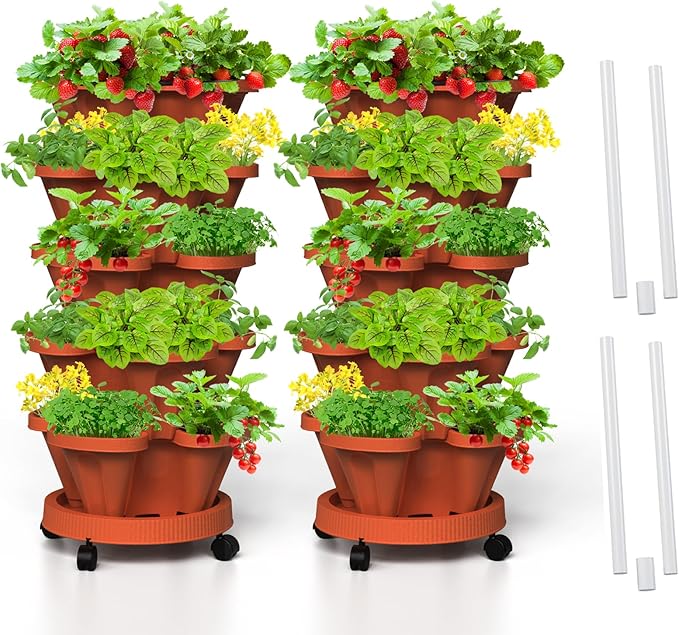 Strawberry Vertical Planters 2 Pack, 5 Tiered Stacking Tower Garden with Support Pole, Stackable Herb Vegetable Planters Indoor Outdoor Terra Cotta