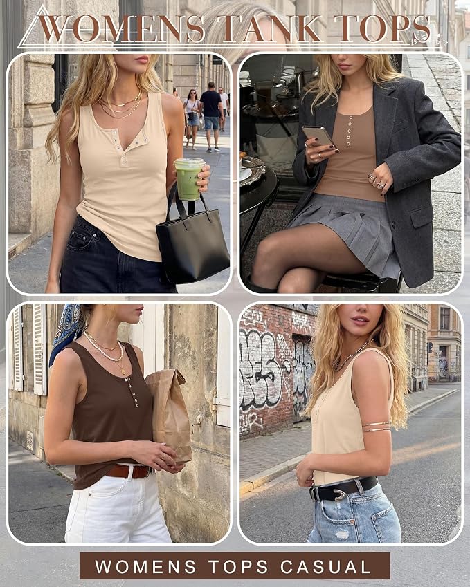 Ficerd 3 Pack Women's Henley Tank Tops Sleeveless Button Down Summer Shirts 2026 Casual Trendy Loose U Neck Tee Blouses