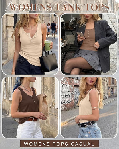 Ficerd 3 Pack Women's Henley Tank Tops Sleeveless Button Down Summer Shirts 2026 Casual Trendy Loose U Neck Tee Blouses