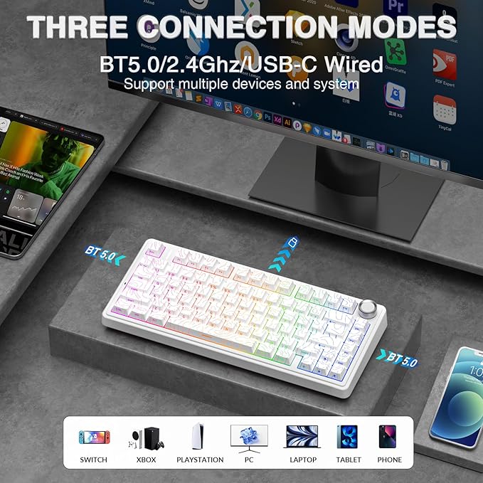 AULA F75 Pro Wireless Mechanical Keyboard with Knob,75% Hot Swappable Custom Gaming Keyboards,RGB Backlit,Pre-lubed Switches,Side Printed PBT Keycaps Creamy Sounding Computer Keyboard, Line White