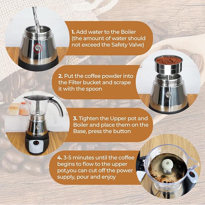 Electric Plastic Clear Moka Pot 3-6 Cup 150-300ml Mocha Pot | Stainless Steel Espresso Maker with Detachable Base Ideal Coffee Maker for Home Italian and Cuban Café Coffeemaker Black