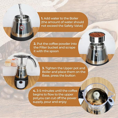 Electric Plastic Clear Moka Pot 3-6 Cup 150-300ml Mocha Pot | Stainless Steel Espresso Maker with Detachable Base Ideal Coffee Maker for Home Italian and Cuban Café Coffeemaker Black