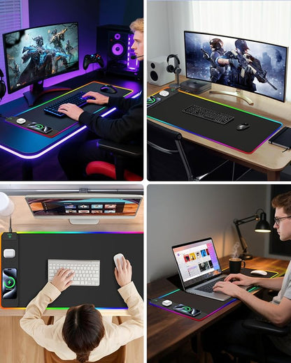 Mouse Pad with Wireless Charging, RGB Gaming Desk Mat, 31.5"x15.7" Large XXL Desk Pad, 15 Lighting Modes, Non-Slip Mouse Mat, Waterproof Computer Keyboard Pad, Black with 20W PD Power Adapter