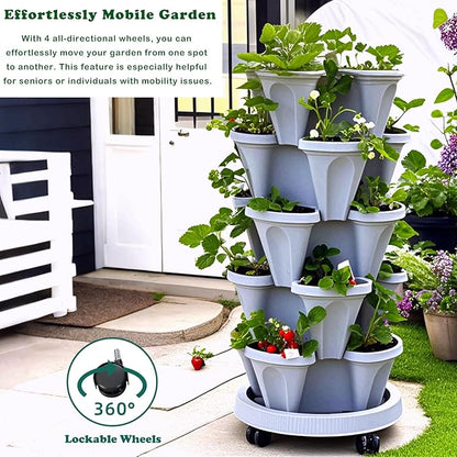 Strawberry Planters, 3 Tiered Vertical Stackable Planter, Herb Stacking Tower Garden, Flower Vegetable Planters with Support Pole, Indoor & Outdoor with Removable Wheels - Dark Grey