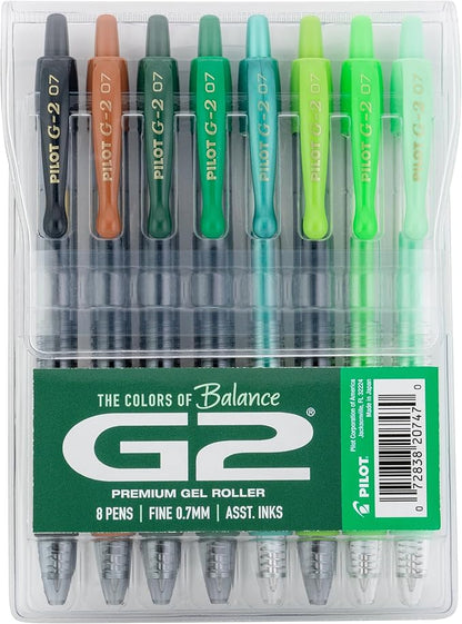 Pilot G2 Premium Gel Roller Pens, G2 Boost Green Pens Pack, The Colors of Balance, 8 Pack Pouch, Fine Point 0.7 mm, Assorted