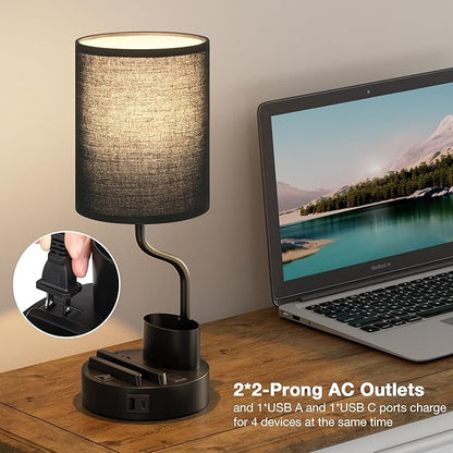 Fenmzee Bedside Lamps for Bedroom Set of 2 - Table Desk Lamp for Nightstand | 15" Table Lamp for Living Room with Pen Holder & Phone Stand, USB A+C Port, AC Outlet, 3 Color Temperature, LED Bulb Included