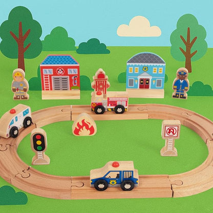 Wooden Train Set for Toddler, Wooden Tracks fits Thomas, fits Brio, fits Chuggington, fits Melissa and Doug - Expandable, Changeable Train Toy for 3 4 5 Years Old Girls & Boys (Police)