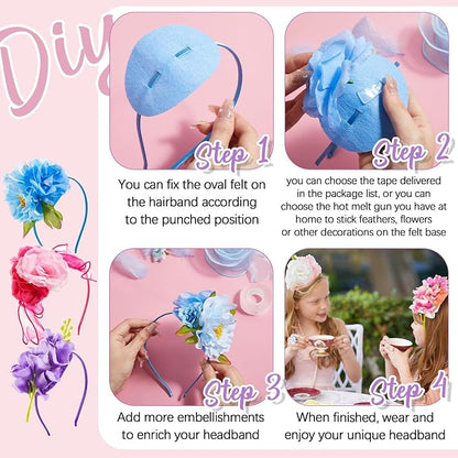 353 Pcs Headband Making Kit for Women Include 12 Headbands 24 Fake Flowers 300 Feathers 4 Mesh Ribbons 1 Roll Double Faced Adhesive Tape 12 Butterfly Accessories for DIY Hair Tea Party Decor