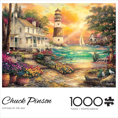 Buffalo Games - Chuck Pinson - Cottage by the Sea - 1000 Piece Puzzle for Adults, Serene Lighthouse Jigsaw with Poster, Premium Scenic Puzzle for Game Nights