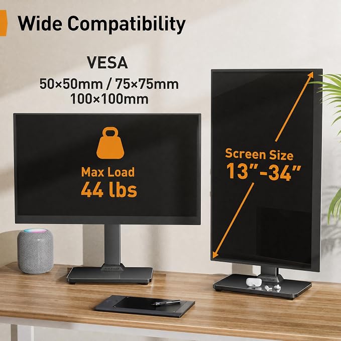 Perlegear Single Monitor Stand for 13–34 inch Screens up to 44 lbs | Heavy-duty steel, swivel, tool-free tilt, 360° rotation, 5 height settings, cable management, max VESA 100x100mm, home office