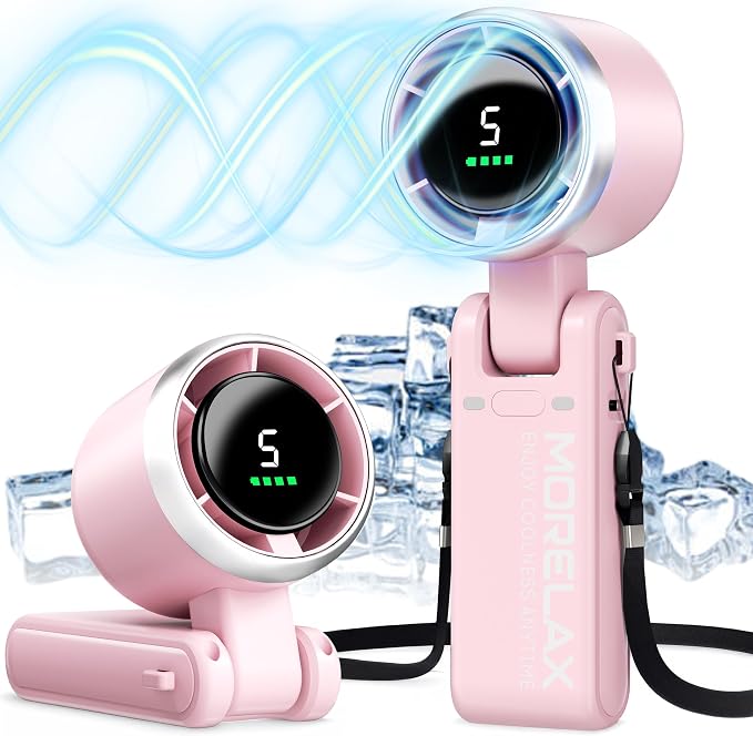 Morelax Personal Handheld Fan,High-Speed Turbo Fans,5-Speed with LED Display,Powerful Motor,4000mAh,USB Rechargeable Portable Cooling Fan for Outdoor Activities,Travel,Working,Pink